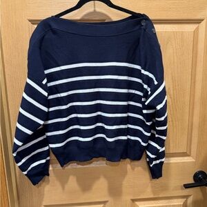 Women’s Navy and White Off-the-Shoulder Striped Sweater